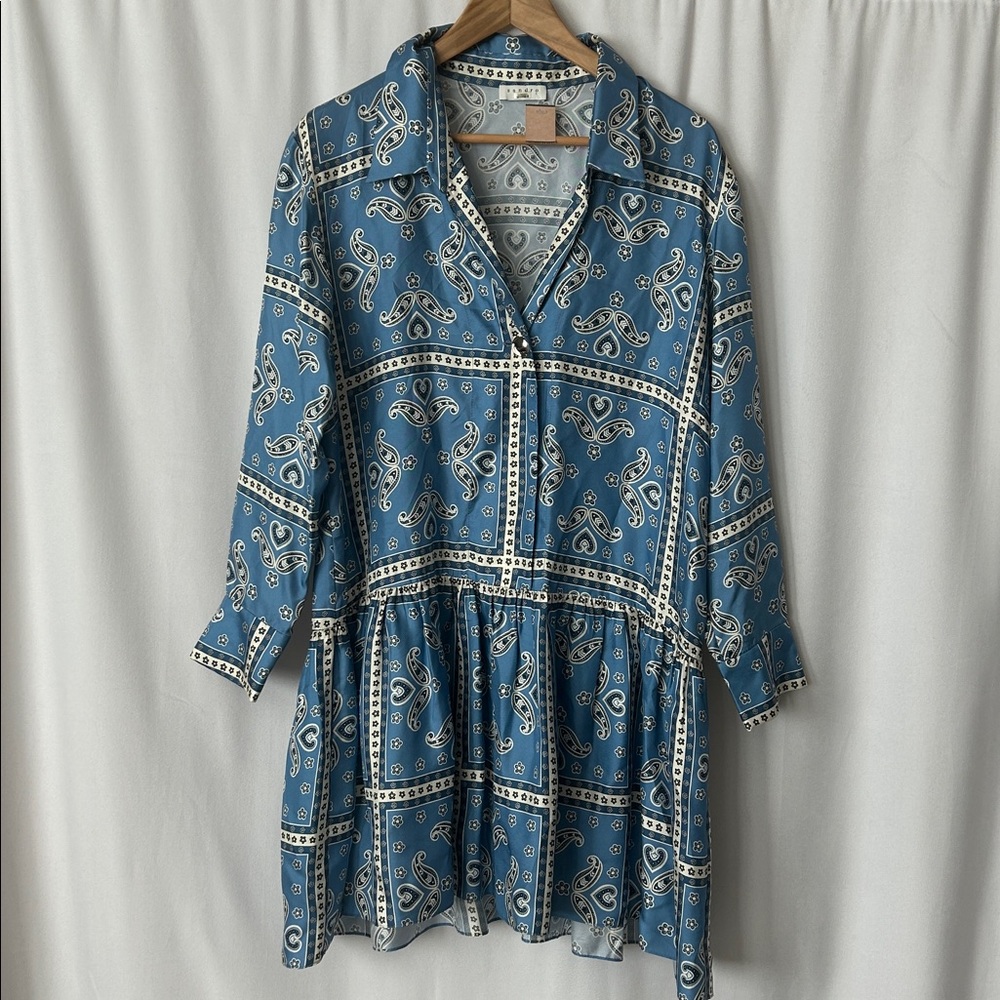 Sandro Blue Paisley Long Sleeve Collared Chloe Silk Mini Dress **Size 40/US 8** - Picture 4 of 12